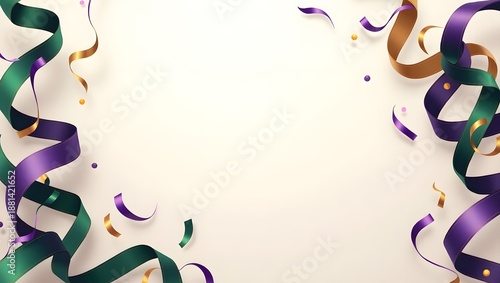 Elegant abstract Mardi Gras background with flowing ribbons in purple, green and gold. Perfect for banners, posters, cards, advertising, social media and festive designs.