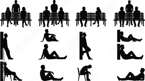 people sitting standing and resting silhouettes illustration, casual poses on benches walls and ground, lifestyle black vector isolated