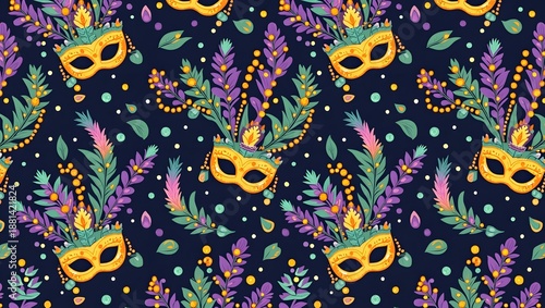 Seamless Mardi Gras Pattern with Festive Masks. Perfect for packaging, textiles, posters, cards, web design and festive backgrounds.