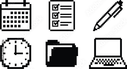 pixel art office icons illustration, calendar checklist pen clock folder laptop set, retro 8 bit vector isolated