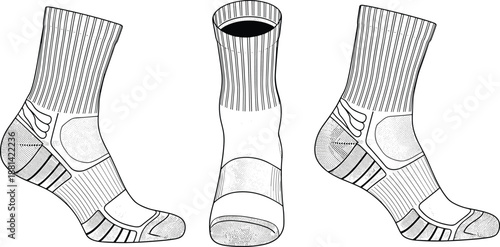 Athletic crew socks CAD drawing flat vector illustration with side and front views technical sportswear apparel design