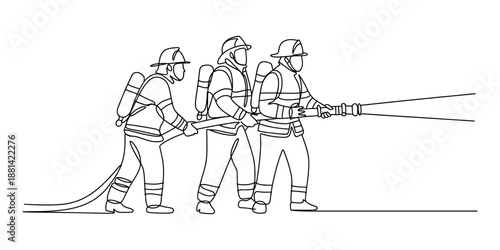 Three firefighters working together to spray water from a fire hose Vector, illustration