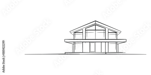 A minimalist architectural line drawing showcasing the exterior facade of a modern two-story house Vector, illustration
