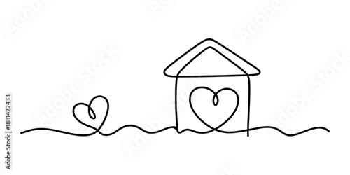 Continuous line drawing of a house and hearts, symbolizing love for home and family Vector, illustration
