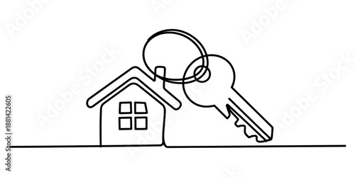 Continuous line drawing of a house and key representing home ownership and security Vector, illustration