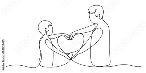 Continuous line drawing of two figures forming a heart shape, symbolizing a loving bond Vector, illustration