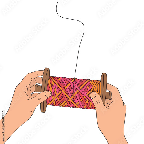 Hands holding a wooden spool of vibrant, multicolored yarn, ready for crafting and creativity