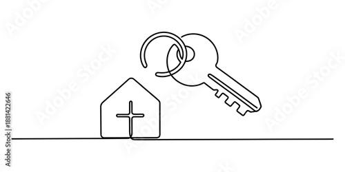 Continuous line drawing of a house with a cross and a key, symbolizing faith and home ownership Vector, illustration