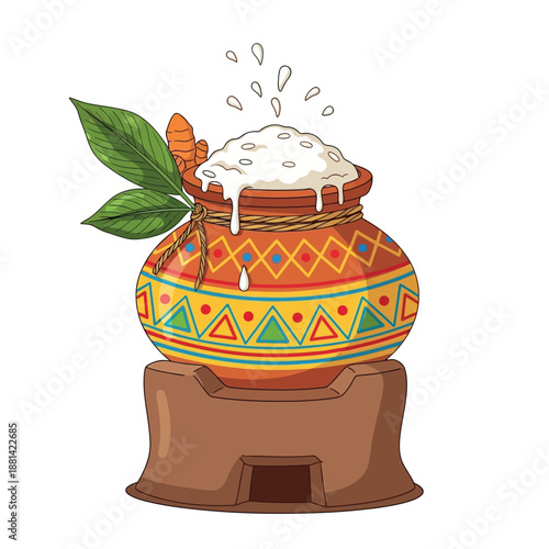 Vibrant illustration of a traditional Indian Pongal pot overflowing with auspicious milk, symbolizing prosperity and a bountiful harvest festival celebration