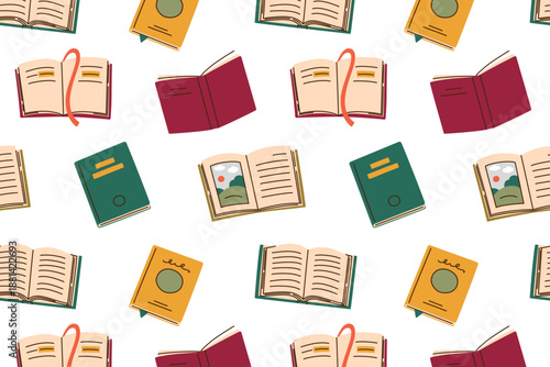 Seamless pattern with paper books for reading hobby, vector flat cartoon illustration in cozy style. Books with decorative covers and bookmarks for education, libraries, stationery
