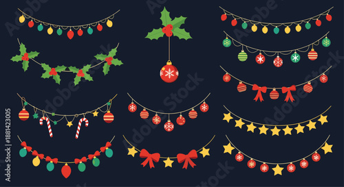 Various festive Christmas garlands and hanging ornaments including lights, stars, bells, and holly on a dark background.