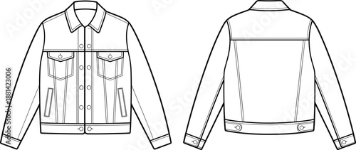 Classic denim jacket CAD drawing with front and back views, button placket, chest and side pockets, casual menswear outerwear technical illustration, cad drawing flat vector illustration