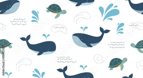 Cute nautical seamless pattern featuring blue whales, green sea turtles, and water splashes on a clean white background.