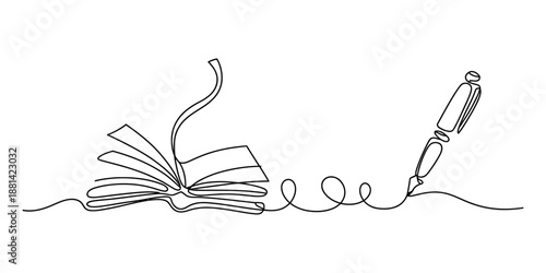 Continuous line drawing of open book and pen representing creative writing and literature Vector, illustration
