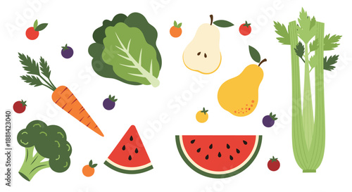 Assorted collection of colorful and fresh fruits and vegetables like watermelon, carrots, pears, and broccoli on a white background.