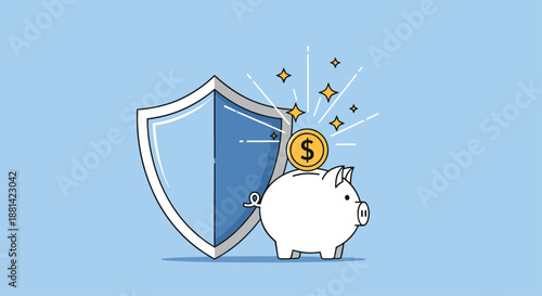 White piggy bank with a gold dollar coin sitting in front of a blue security shield symbolizing safe savings and financial protection.