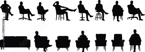seated men silhouettes illustration, sitting poses on chairs sofas and stools collection, relaxed male figures black vector isolated