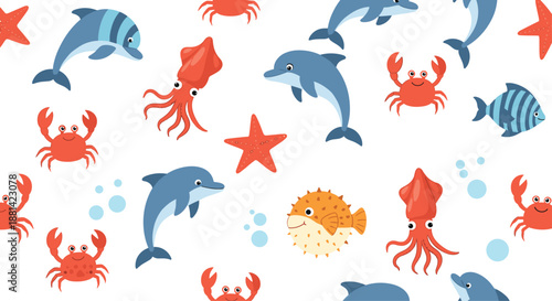 Fun and colorful seamless pattern featuring dolphins, crabs, squids, starfish, and pufferfish on a white background.