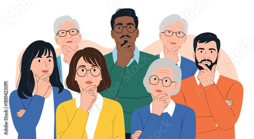 Group of diverse men and women of different ages looking upwards thoughtfully with hands on their chins while pondering or searching for ideas.
