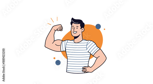 Confident young man in a striped shirt showing off his strong biceps and smiling, representing fitness, health, and strength.