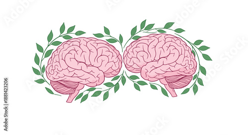 Symmetrical illustration of two human brains surrounded by green leafy vines, representing mental health and growth concepts.