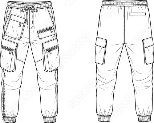 Cargo jogger pants CAD drawing flat vector illustration with front and back views technical streetwear apparel design template