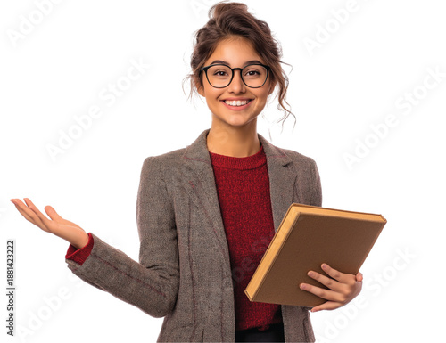 A young woman in a blazer and glasses holds a book and gestures with a smile