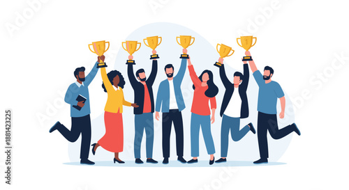 Group of joyful diverse people celebrating success by jumping and holding gold trophies high in the air against a simple backdrop.