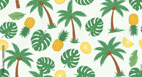 Tropical seamless pattern featuring green palm trees, large monstera leaves, whole pineapples, and sliced fruit on a light background.