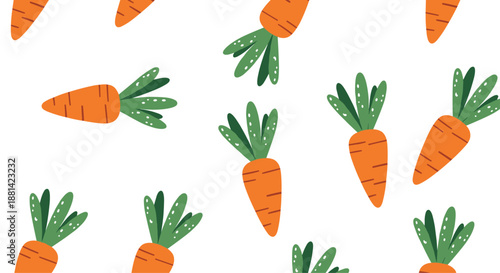 Seamless repeating pattern of vibrant orange carrots with stylized green tops scattered diagonally across a white background.