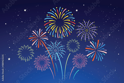Fireworks background illustration for celebration and festival designs, featuring colorful bursts in the night sky, ideal for New Year, holiday promotions, banners, posters, and social media graphics.