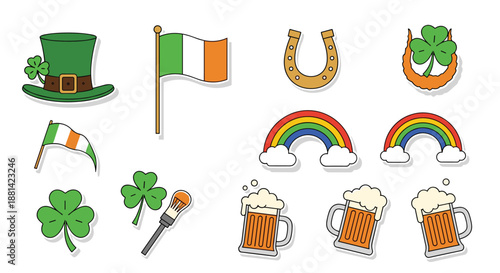 Set of colorful Saint Patrick's Day icons including a leprechaun hat, Irish flags, shamrocks, rainbows, horseshoes, and beer mugs.