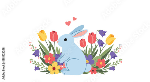 Adorable light blue bunny sitting amidst a lush garden of colorful spring tulips and bellflowers with small hearts above it.