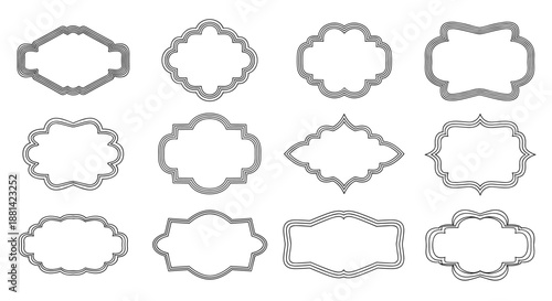 Collection of twelve different ornate vintage style frame borders in black and white line art for labels and invitations.