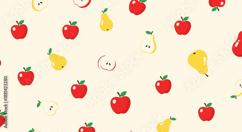 Seamless fruit pattern featuring bright red apples and yellow pears, some whole and some halved, on a soft cream background.
