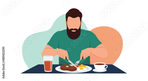 Bearded man sitting at a table and enjoying a hearty meal consisting of steak, eggs, coffee, and juice in a flat art style.