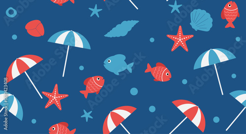 Seamless summer themed pattern with red and blue fish, starfish, seashells, and beach umbrellas on a dark blue sea background.