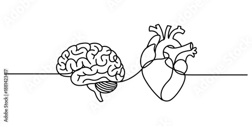 Single continuous line drawing of human brain and heart symbolizing the connection between mind and emotion Vector, illustration
