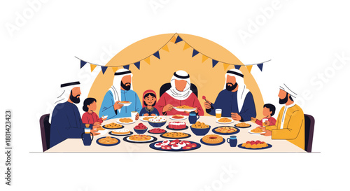 Large group of people in traditional Middle Eastern clothing sitting around a table sharing a festive meal during a celebration.