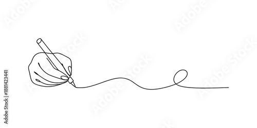 Minimalist continuous line drawing shows a hand holding a pen and creating an artistic loop Vector, illustration