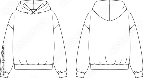 Classic hoodie CAD drawing with front and back views, relaxed fit sleeves, hood construction and hem stitching, casual streetwear apparel technical illustration, cad drawing flat vector illustration