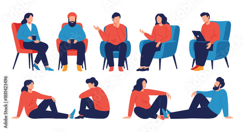 Collection of various people in different sitting and lounging poses including some in armchairs and others resting on the floor.