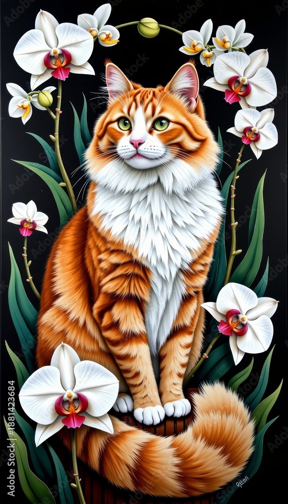 Fototapeta premium A Majestic Orange Tabby Cat Surrounded by Elegant White Orchids in a Lush Green Garden Setting, Highlighting Natural Beauty and Serenity