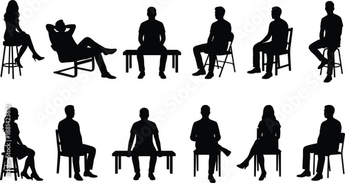 seated people silhouettes illustration, sitting poses on chairs benches and stools collection, relaxed human figures black vector isolated