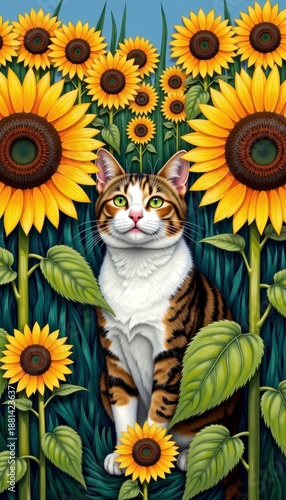 Charming Tabby Cat Sits Gracefully Among Tall Sunflowers in a Vibrant Garden Scene with Lush Greenery and Bright Blooms on a Clear Blue Day