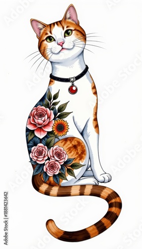 Illustrated feline portrait featuring a charming cat adorned with vibrant floral motifs, including roses and daisies, capturing a whimsical and colorful essence