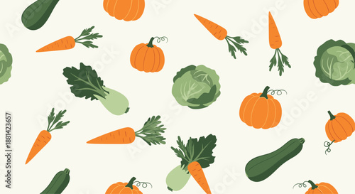Seamless autumn vegetable pattern with pumpkins, carrots, cabbages, and zucchinis on a light beige background for food designs.