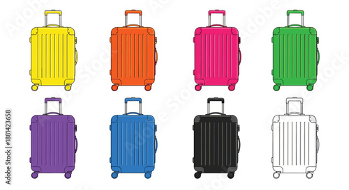 Large collection of colorful travel suitcases including yellow, orange, pink, green, purple, blue, black, and white luggage cases.