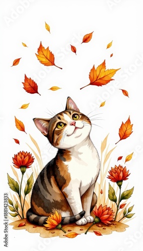 Playful Calico Cat Amidst Falling Autumn Leaves and Vibrant Orange Flowers Capturing the Essence of a Tranquil Fall Afternoon in Nature