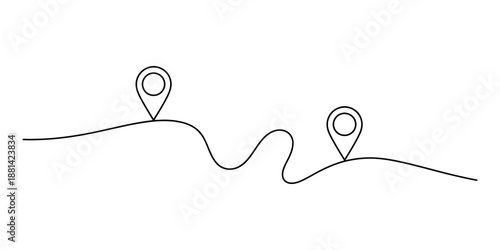 Minimalist continuous line drawing showing a route between two location pins Vector, illustration